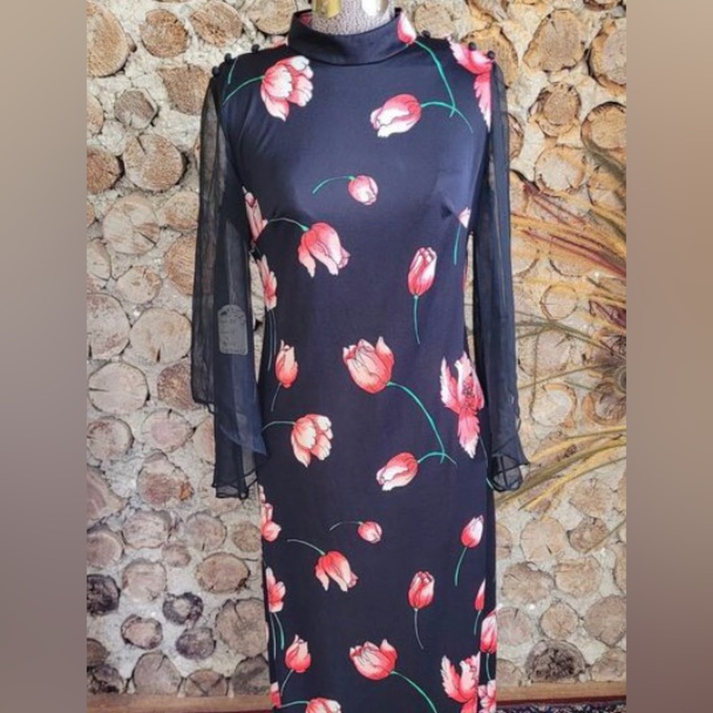 Party Dress, Vintage 1960s, Black Floral maxi, sheer sleeves, polyester US10